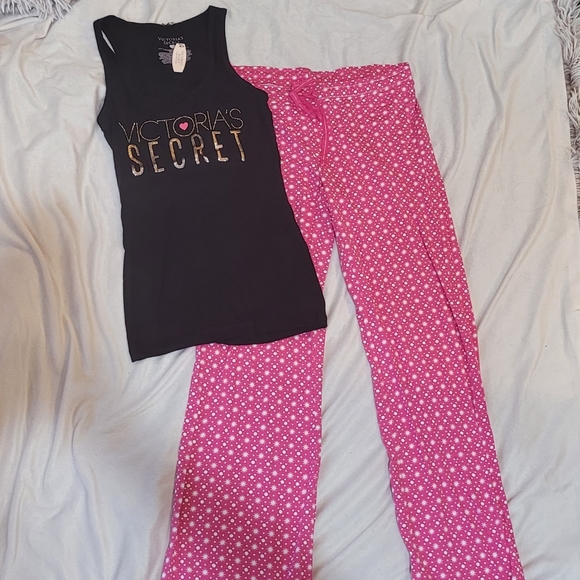 NWT Victoria's Secret Tank Pajama Set Pink Black White Gold Sparkle - Picture 2 of 11